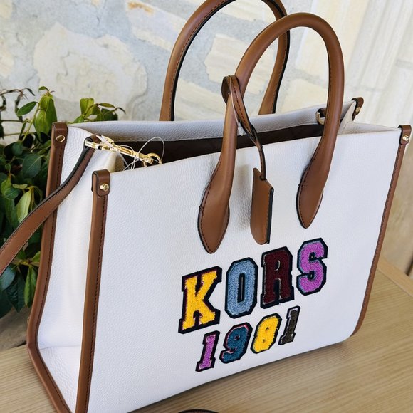 Michael Kors Mirella MD Embellished Tote Bag/ Clutch Wristlet Leather Cream Mult - Picture 3 of 16